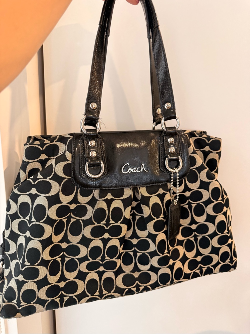 Coach Black and Beige Signature Shopper Shoulder Bag